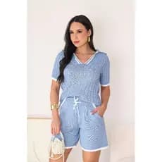 Conjunto Tricot Feminino Blusa Gola Polo e Shorts com Bolso, Moda Blogueira Premium Verão Confort.