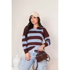 Blusa Feminina Listrada Gola Polo Tricot Modal Premium Estilosa Manga Longa Tendencia Outono Inverno 2026.