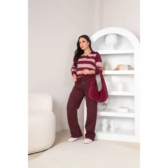 Blusa Feminina Tricot Modal Listrada Elegante Manga Longa Com Gola Polo Tendência Inverno 2026.