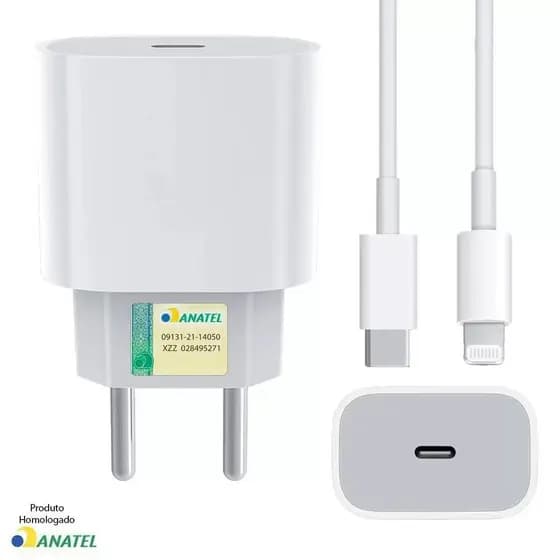 Carregador Apple iphone X, iphone 11 e iphone 12 Fonte USB-C 20W + Cabo USB-C Lightning de 1M