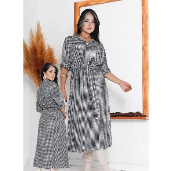 Vestido Chemise Longo c/ Botões Viscolinho - Manga 3/4 Ajustável