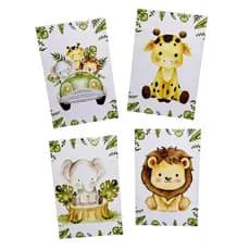 Quadros de Parede Quarto do Bebê Montado Safari Bichos Decoração 4 peças