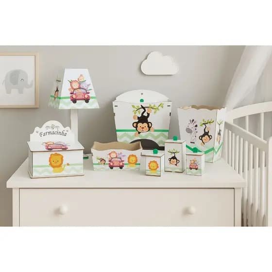 Kit Higiene Bebê Farmacinha Organizador Adesivado Safari Animais Fazendinha Madeira Mdf