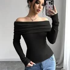 Blusa Elegante Manga Longa com Ombro Babado em Cor Sólida Moda