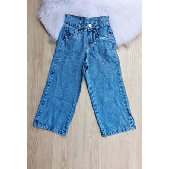 Calça Jeans Feminina Infantil Wide leg Com Strass