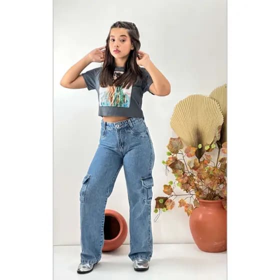 Calça Jeans Wide leg Feminina Juvenil Cargo