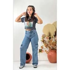 Calça Jeans Wide leg Feminina Juvenil Cargo
