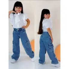Calça Wide leg Cargo Jeans Feminina Infantil