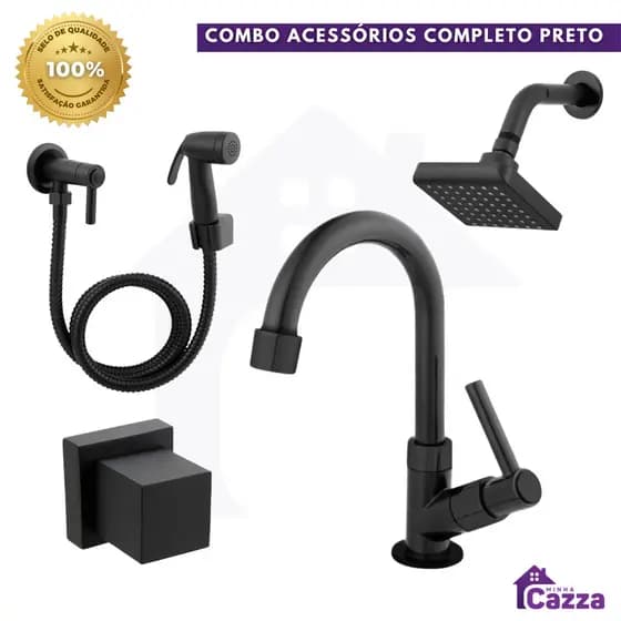 Kit Ducha Banheiro Preto Fosco com Torneira e Acabamento Chuveiro Registro e Ducha Higiênica Completa