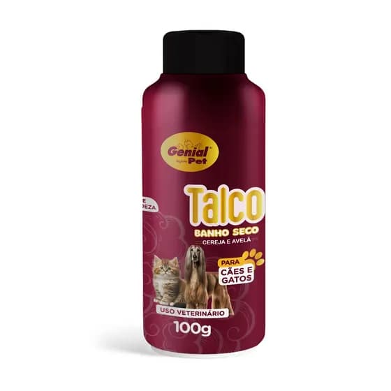 Talco Banho a Seco Perfumado para Cães e Gatos Genial Pet - 100g - Cereja e Avelã