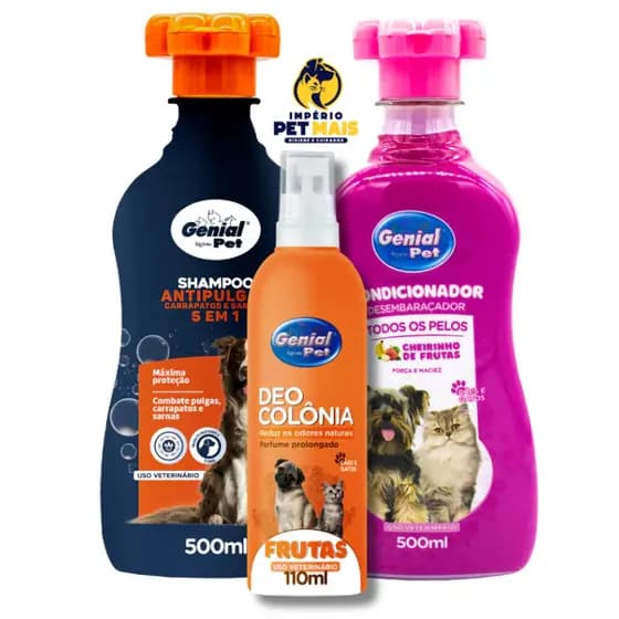 Kit Banho e Proteção Genial Pet - Shampoo Antipulgas + Condicionador + Colônia para Cães e Gatos