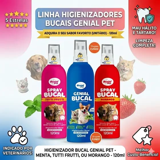 Spray Bucal Canino E Felino Genial Pet 120ml Elimina Mau Hálito