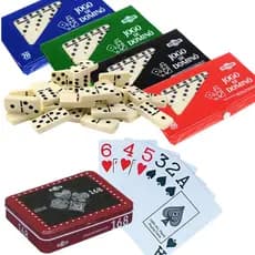 Kit Jogo Dominó Profissional de Osso 28 Peças + Baralho Duplo Luxo em Lata – Cartas Plásticas
