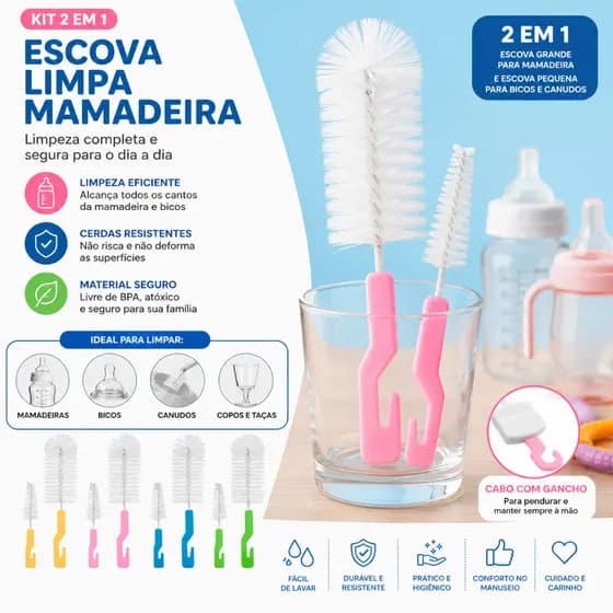 Kit Escova Limpa Mamadeira 2 Em 1  Escova Limpeza bico Garrafa  Copo Taça Lava Mamadeira