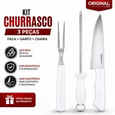 Kit Churrasco 3 Peças Original Line Faca Garfo Chaira Aço Inox Cabo Branco Alta Durabilidade  ou