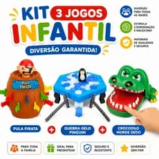 Kit 3 Jogos Infantil Pula Pirata + Quebra Gelo Pinguim + Crocodilo Morde Dedo Diversão Garantida