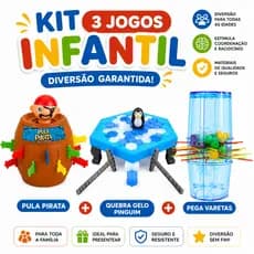 Kit 3 Jogos Infantil Quebra Gelo Pinguim + Pula Pirata + Pega Varetas Diversão Garantida