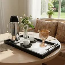 Bandeja Café Bebidas Xícaras Alças Casa Escritório Decorativa Recepção Preto Marmorizado Portátil