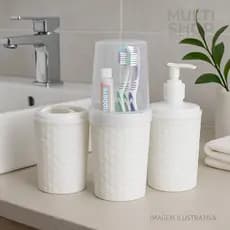 Kit De Banheiro Lavabo Porta Sabonete Líquido Rattan Escova De Dente Porta Algodão ou Cotonete