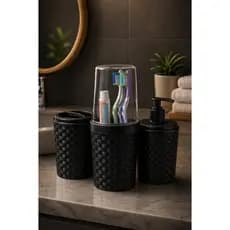 Kit Banheiro Luxo Porta Escova Saboneteira Líquida e Porta Algodão Preto Branco