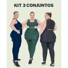 Kit 3 Conjuntos Top Calça Saia Conjunto Plus Fitness Curves Leg Modeladora Alta Sustentação