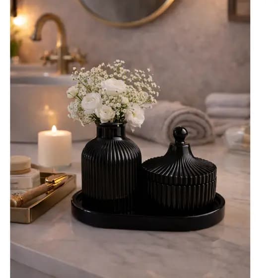 Kit Decorativo Preto 3 Peças Vaso Porta Joias Bandeja Sofisticada Presente