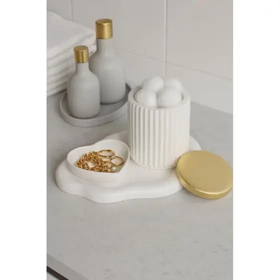 ​Kit Banheiro Penteadeira 3 Peças Pote Algodão/Cotonete Multiuso Bandeja Nuvem e Porta Objetos coração
