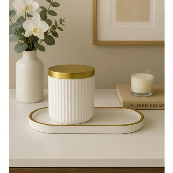 Kit Decorativo Branco e Dourado 2 Peças Bandeja Oval e Pote com Tampa