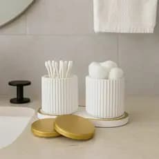 Kit 2 Potes Branco com Detalhe Dourado + Bandeja Organizadora de Bancada para Algodão e Cotonete