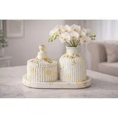 Kit Decorativo Branco com Folhas de ouro Luxo 3 Peças – Porta Joias + Vaso + Bandeja Sofisticada