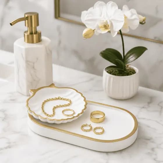 Conjunto 2 Peças Bandeja Oval + Concha Branca com Dourado Porta Jóias