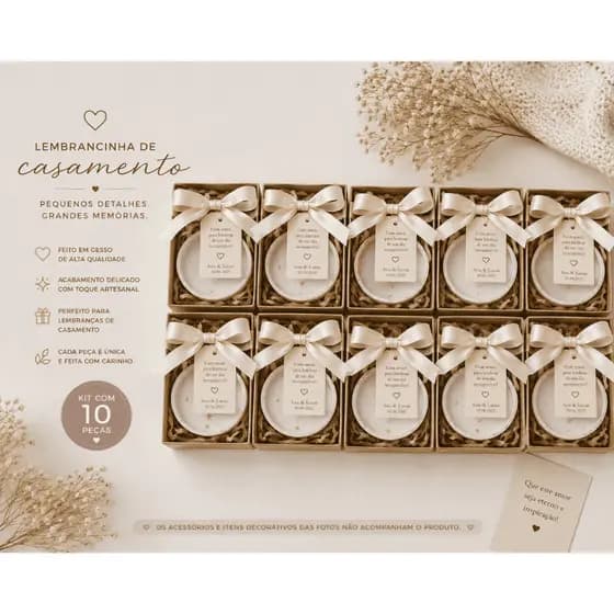 Kit 10 Pratinhos em Gesso Com Detalhes Dourados Lembrancinha de Casamento Luxo