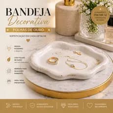 Bandeja Decorativa Ondulada Orgânica Nuvem 19cm Branca com Folhas de Ouro Porta Joias Luxo