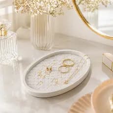 Bandeja Decorativa Oval Escama com Folhas de Ouro Porta Joias Luxo