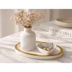 Kit Bandeja Decorativa Oval 20cm + Vaso + Porta-Joias Coração em Gesso Bordas Douradas