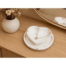 Porta Joias Coração + Pratinho 10x10 em Gesso com Folha de Ouro | Bandeja Decorativa Luxo