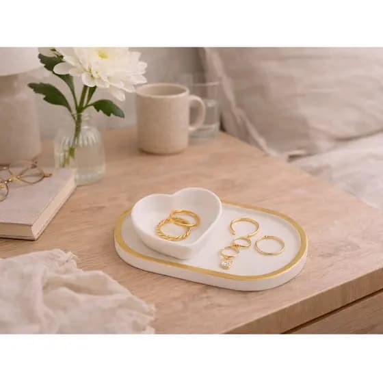 Kit 2 Peças Porta Joias Multiuso Branco com detalhe Dourado Bandeja Oval e Coração