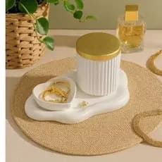 Kit 3 Peças Bandeja Nuvem + Pote Tampa Dourada + Porta Joias Coração