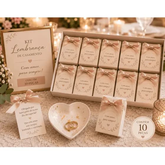 Kit 10 Lembrancinhas Casamento Coração em Gesso com Detalhes Dourados