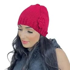 Touca Feminina de Inverno Tricô Trançado Crochê com Flor Multicor Tamanho Único Adulto
