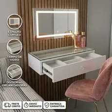Kit Penteadeira De Vidro Com Espelho Led Touch Camarim Escrivaninha Quarto