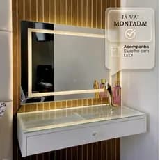 Kit Penteadeira De Vidro Com Espelho LED Camarim Escrivaninha