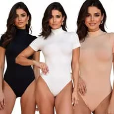 Kit 3 Body Manga Curta Gola Alta Feminino Suplex Verão 1branco1marrom1preto Lisa Gg