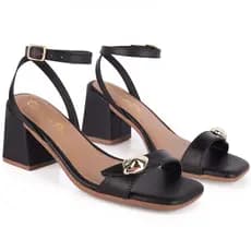 Sandália Feminina Salto Baixo Grosso Preto Casual Detalhe Abs Moda Confortável Novidade Festa