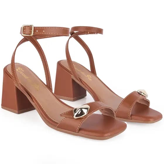 Sandália Feminina Salto Baixo Grosso Caramelo Casual Detalhe Abs Moda Confortável Novidade Festa
