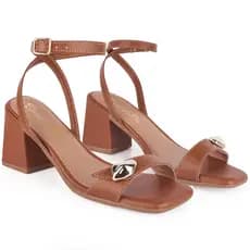 Sandália Feminina Salto Baixo Grosso Caramelo Casual Detalhe Abs Moda Confortável Novidade Festa