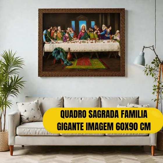 Quadro Decorativo Gigante Santa Ceia Tradicional 73x103 (60x90 )cm Com Moldura Dourada Trabalhada