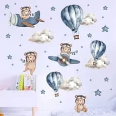 Adesivo De Parede Infantil Ursinho Aviador Balões Urso Nuvem Azul Quarto Menino Aquarela Decoração