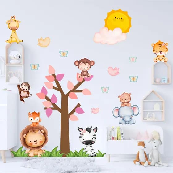 Adesivo De Parede Infantil Bebê Safari Menina Quarto S98