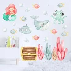 Adesivo De Parede Infantil Fundo Do Mar Sereia Menina Box Banheiro Peixes Quarto Menino Menina